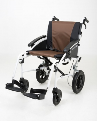 Excel G-Logic Lightweight Transit Wheelchair 16'' White Frame and Brown Upholstery Slim Seat